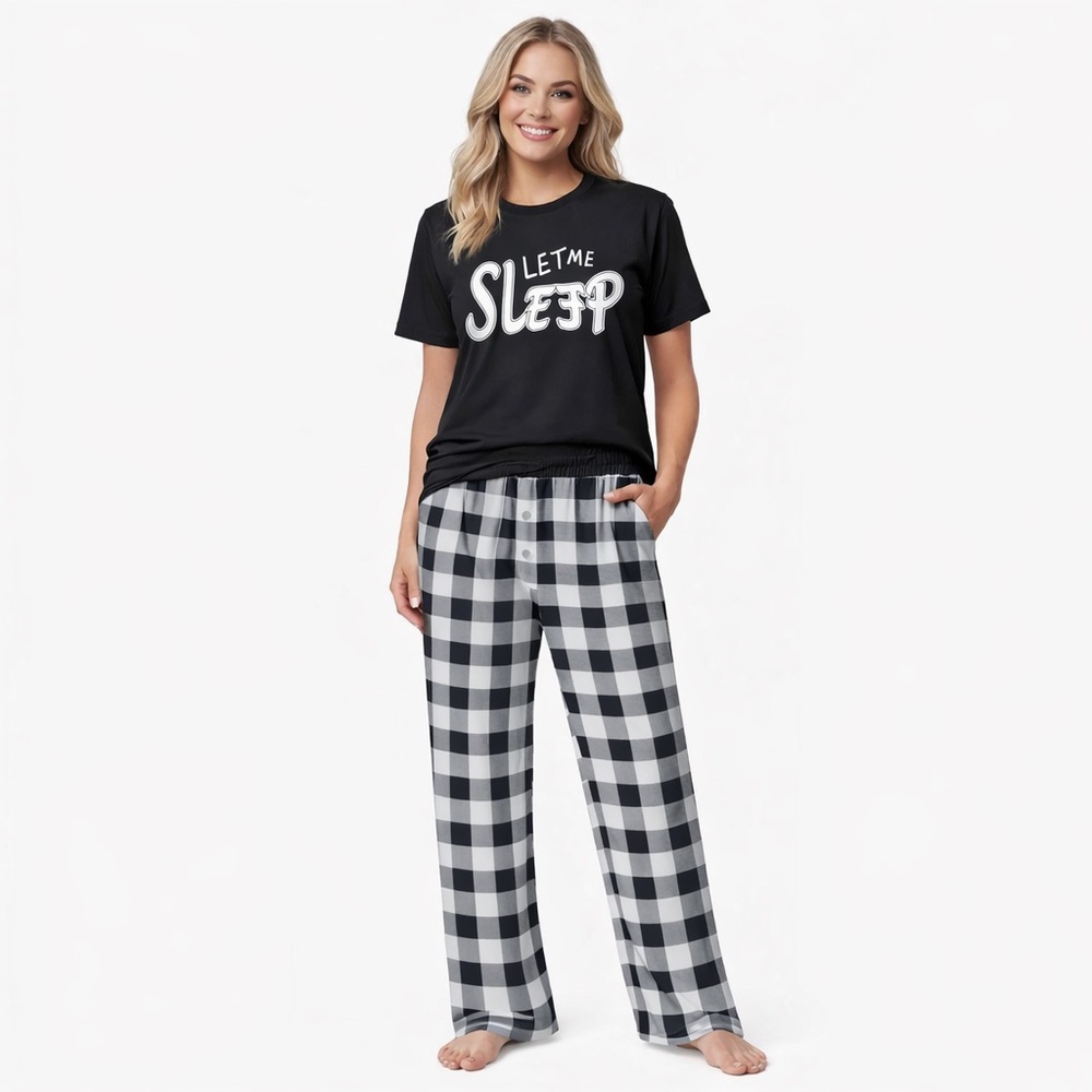New! Black 'Let Me Sleep' Short-Sleeve Pajama Set with Black & White Plaid Pants